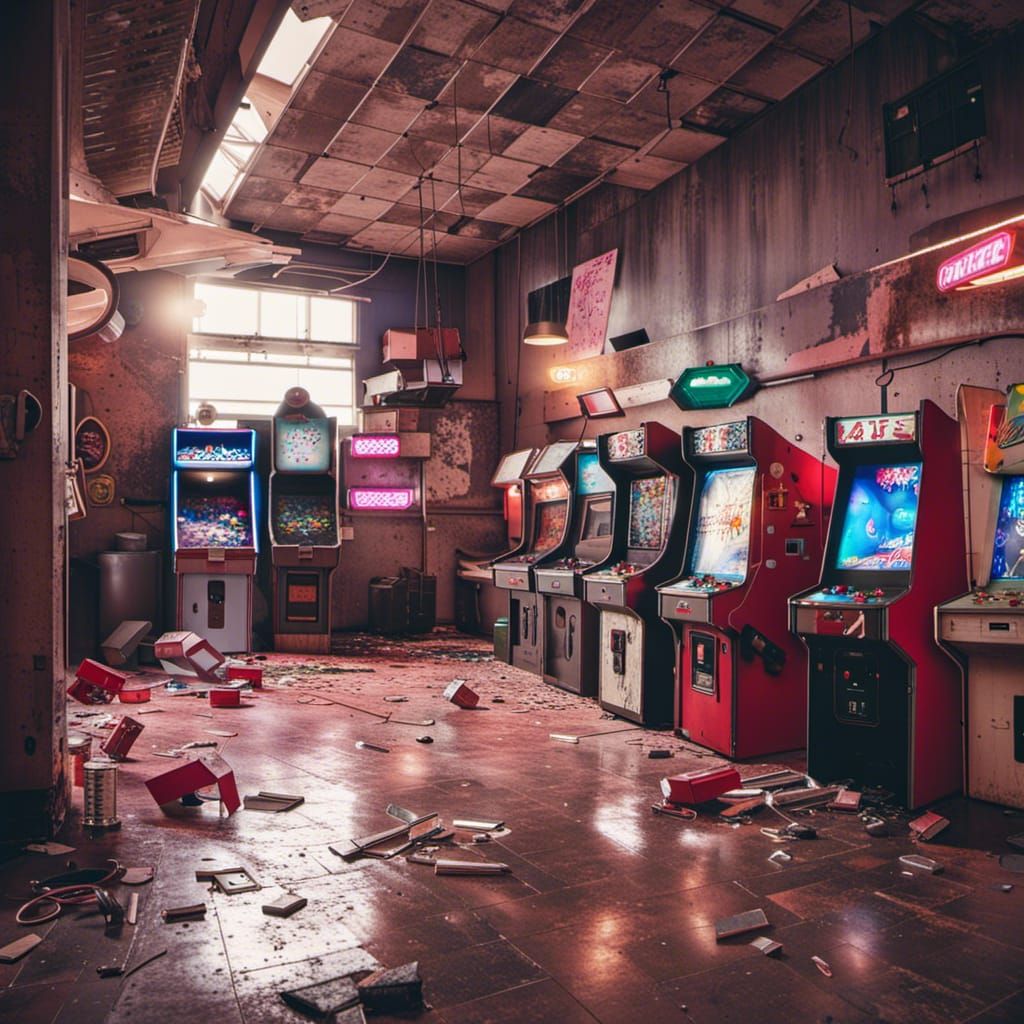 Abandoned 80s Arcade Hall with Tipped Machines