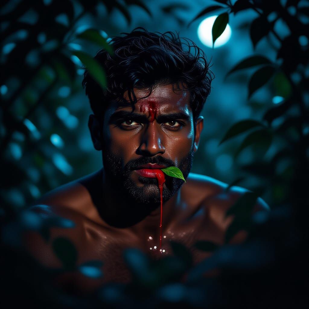 Horror Scene: Man Chewing Betel Leaf in Night Forest