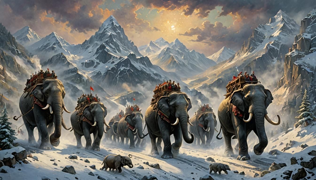 Hannibal's War Elephants Cross Alps in Snowstorm