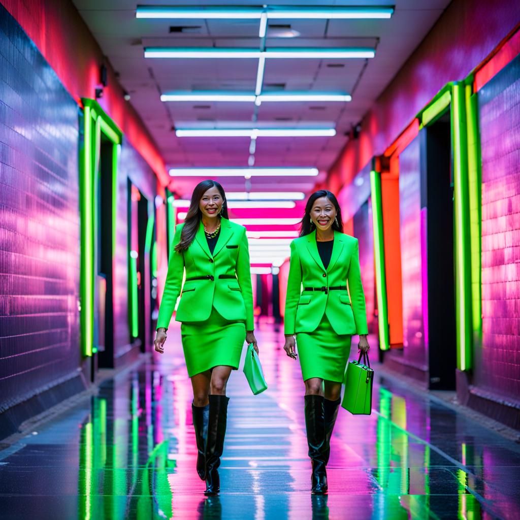 Neon Green Businesswomen in Colorful Hallway