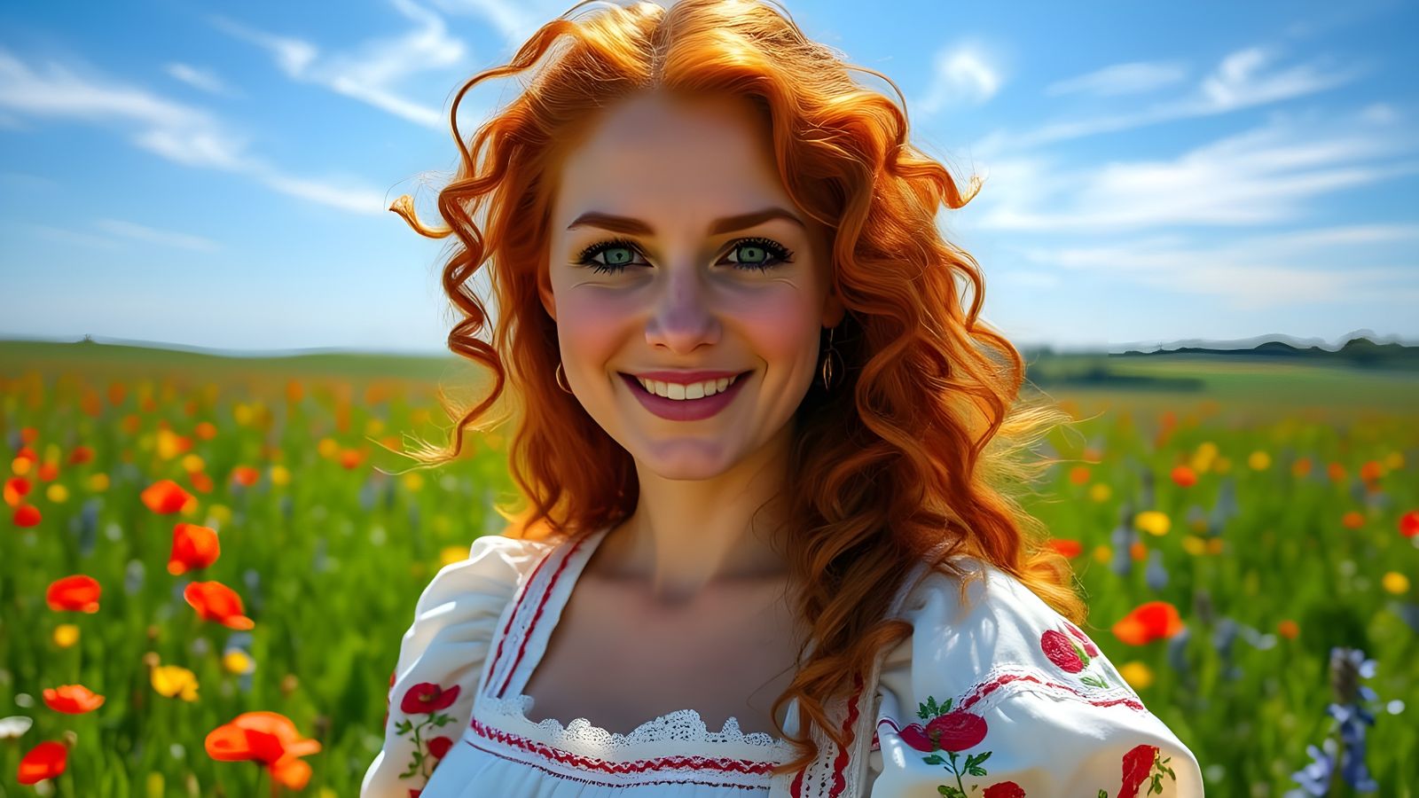 Celtic Woman in Traditional Dress Looks Directly at the View...