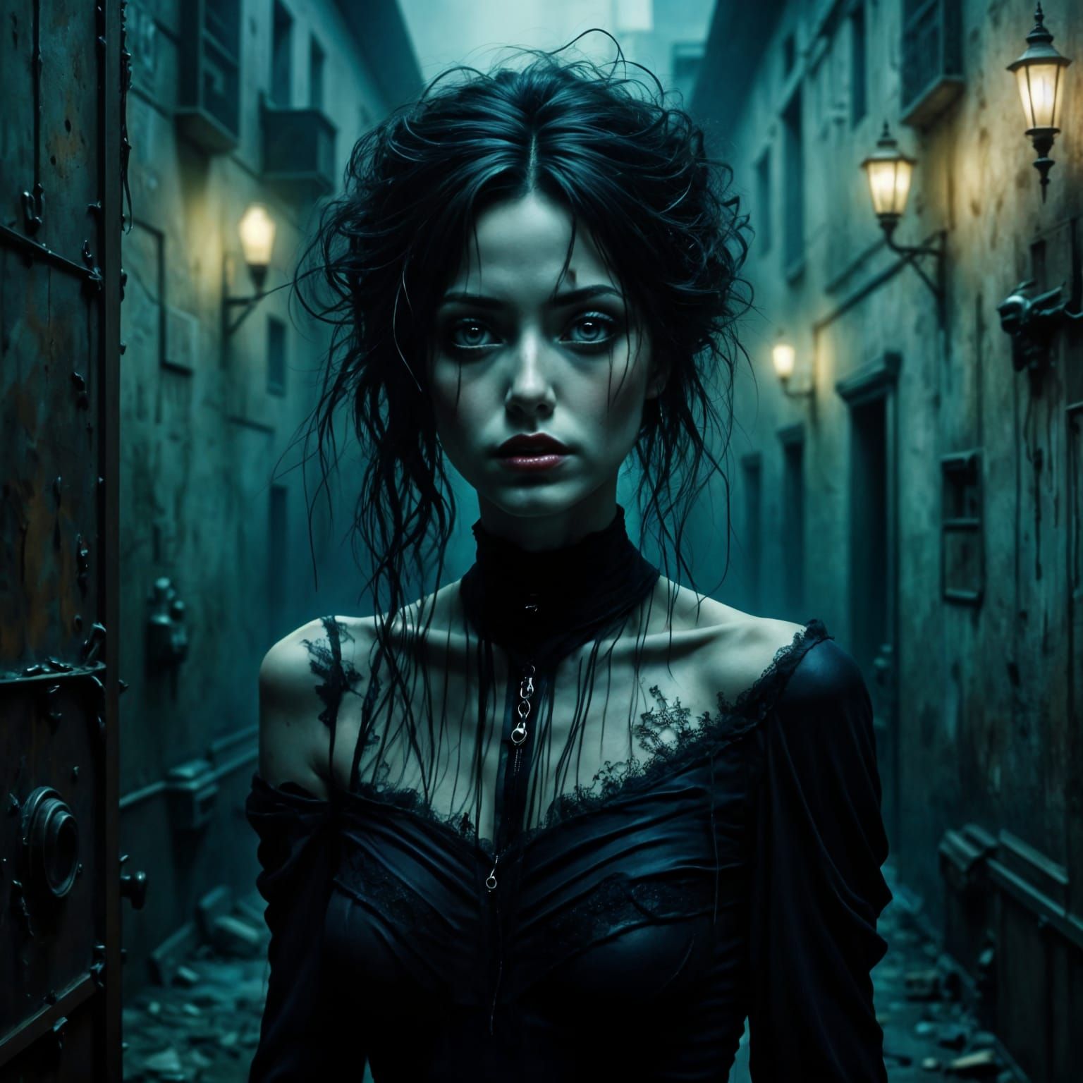 Gothic Woman Embracing Shadows in a Dark, Mystical Room