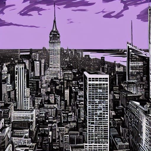 Surrealistic NYC Skyline in Vibrant Purple and Silver