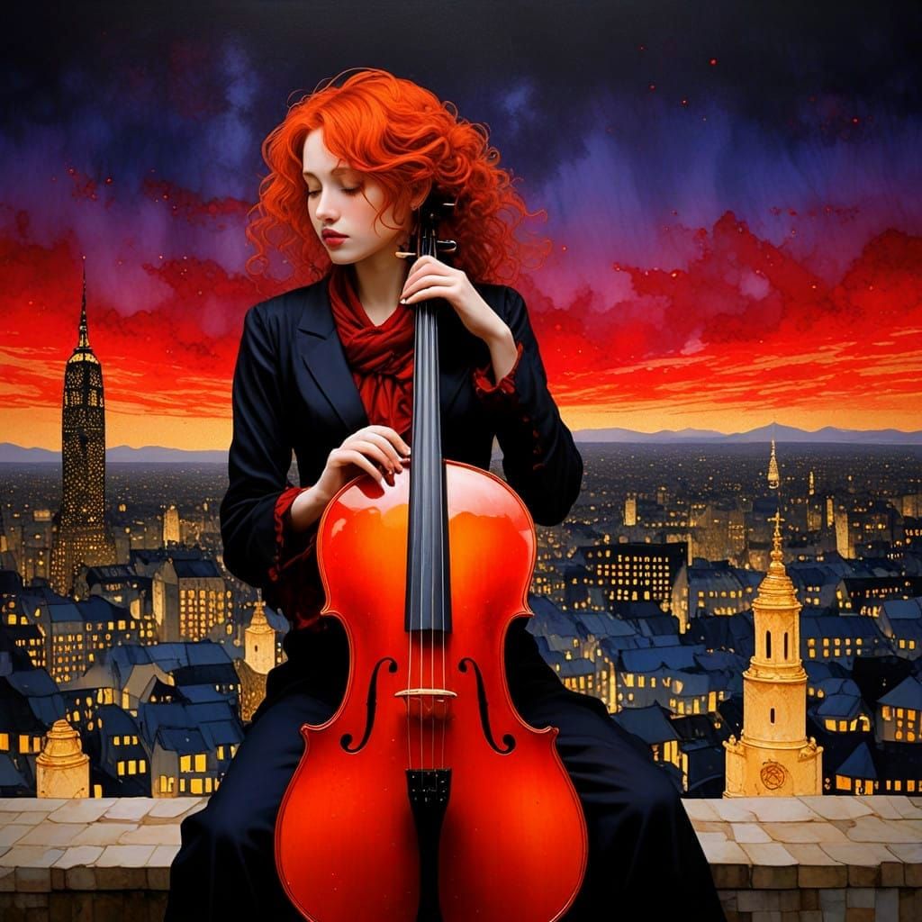 Sensual Cellist in Golden Twilight, Inspired by Klimt
