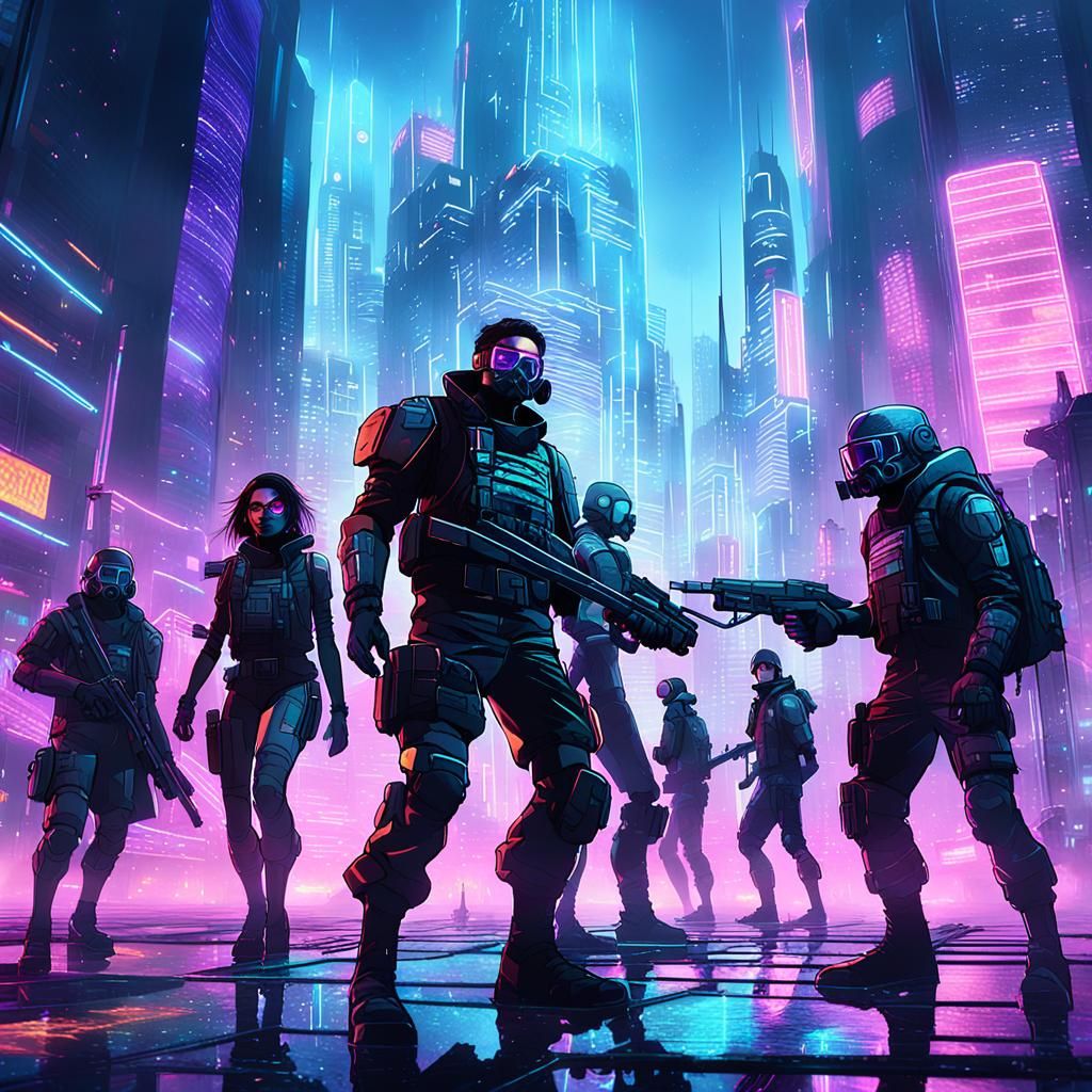 Young Rebels Fight in Dystopian Cyberpunk Cityscape