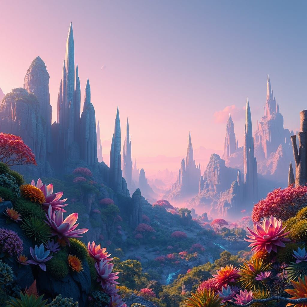 Dreamlike Landscape with Lush, Iridescent Flora and Towering...