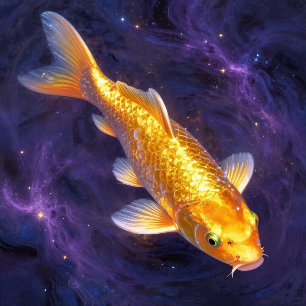 Golden Koi Fish with Emerald Eyes in Cosmic Nebula