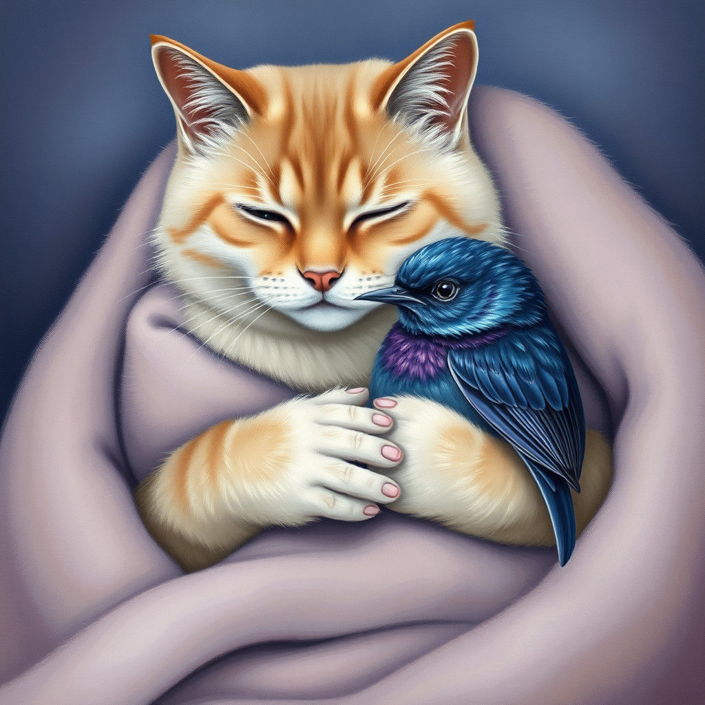 Cat Cradles Nightingale: Dreamlike Folk Art Illustration
