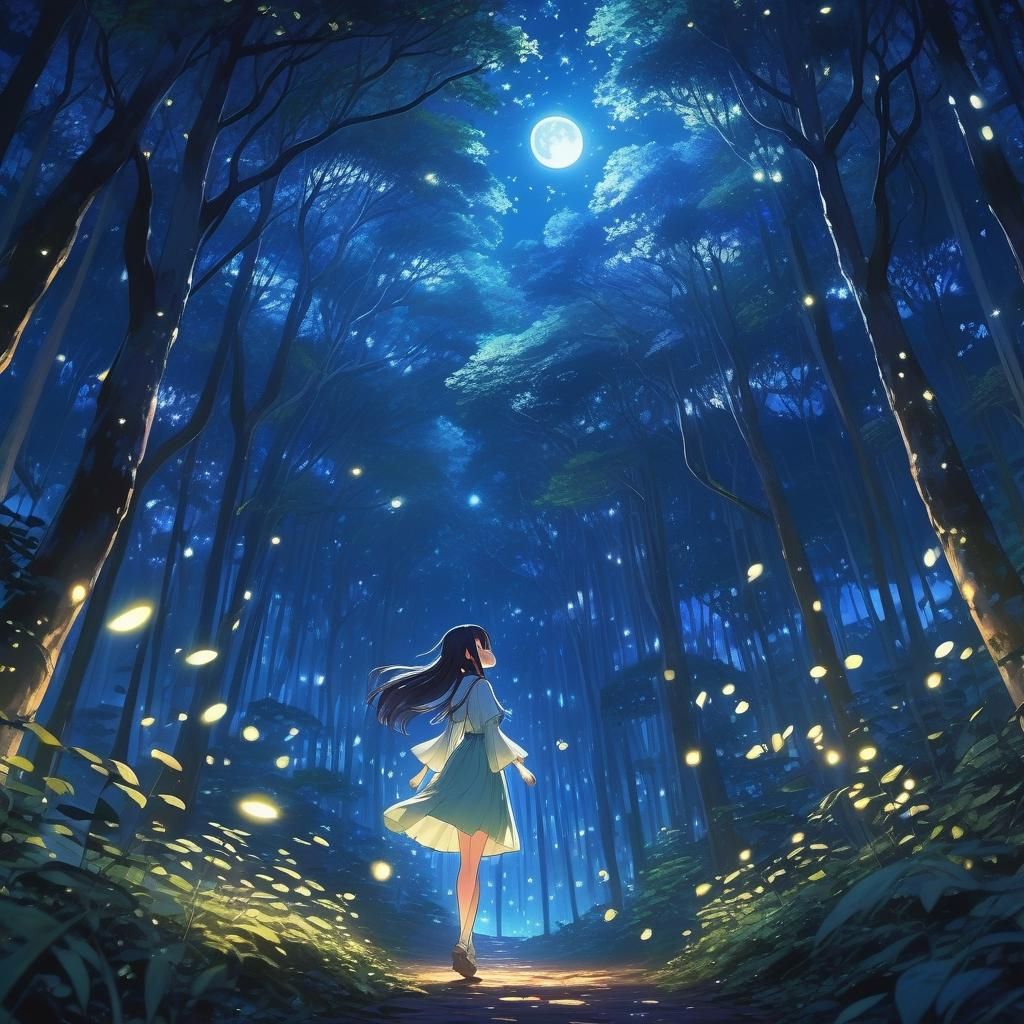Anime Girl in Magical Forest Moonlight