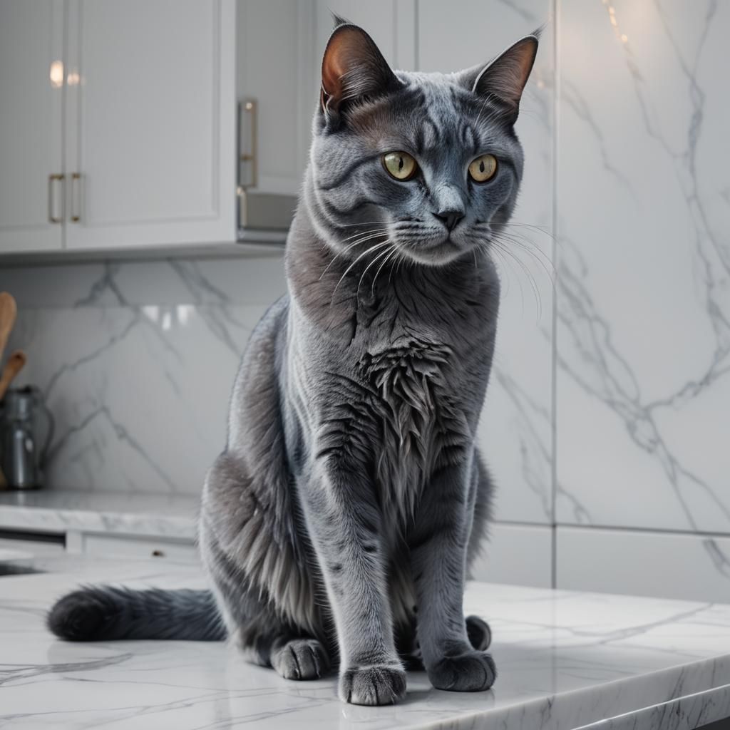 Hyperrealistic Blue Russian Cat on Marble Counter