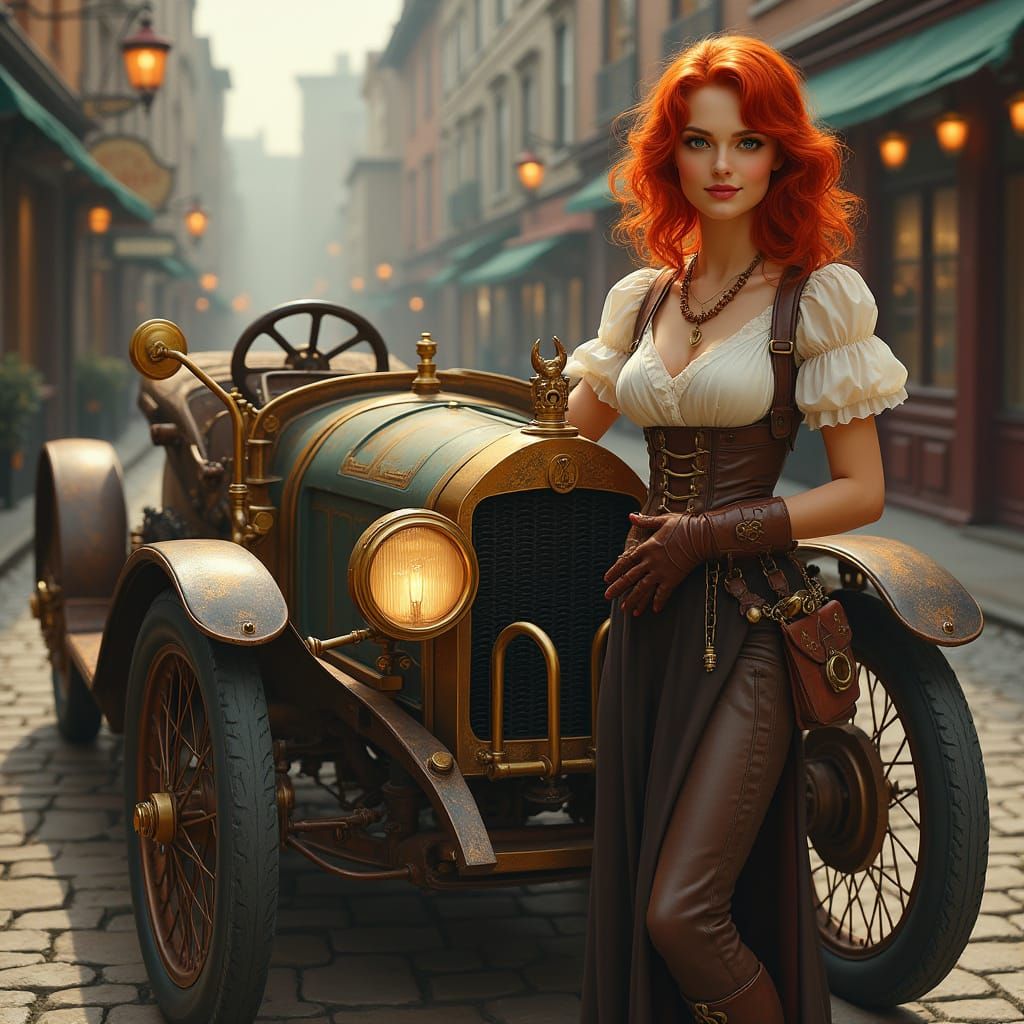 Steampunk Lady with Automobile in Art Nouveau Style