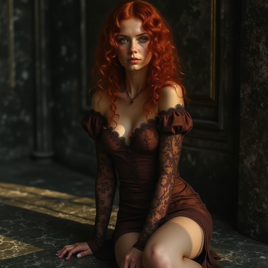 Gothic Beauty in Contemplation, a Mournful Vision in Warm Go...