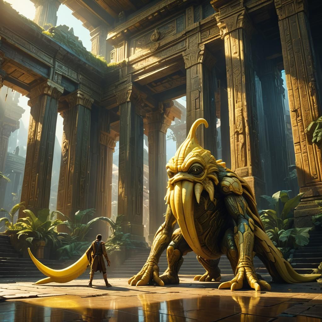 Banana Creature Peeling in Mystical Temple