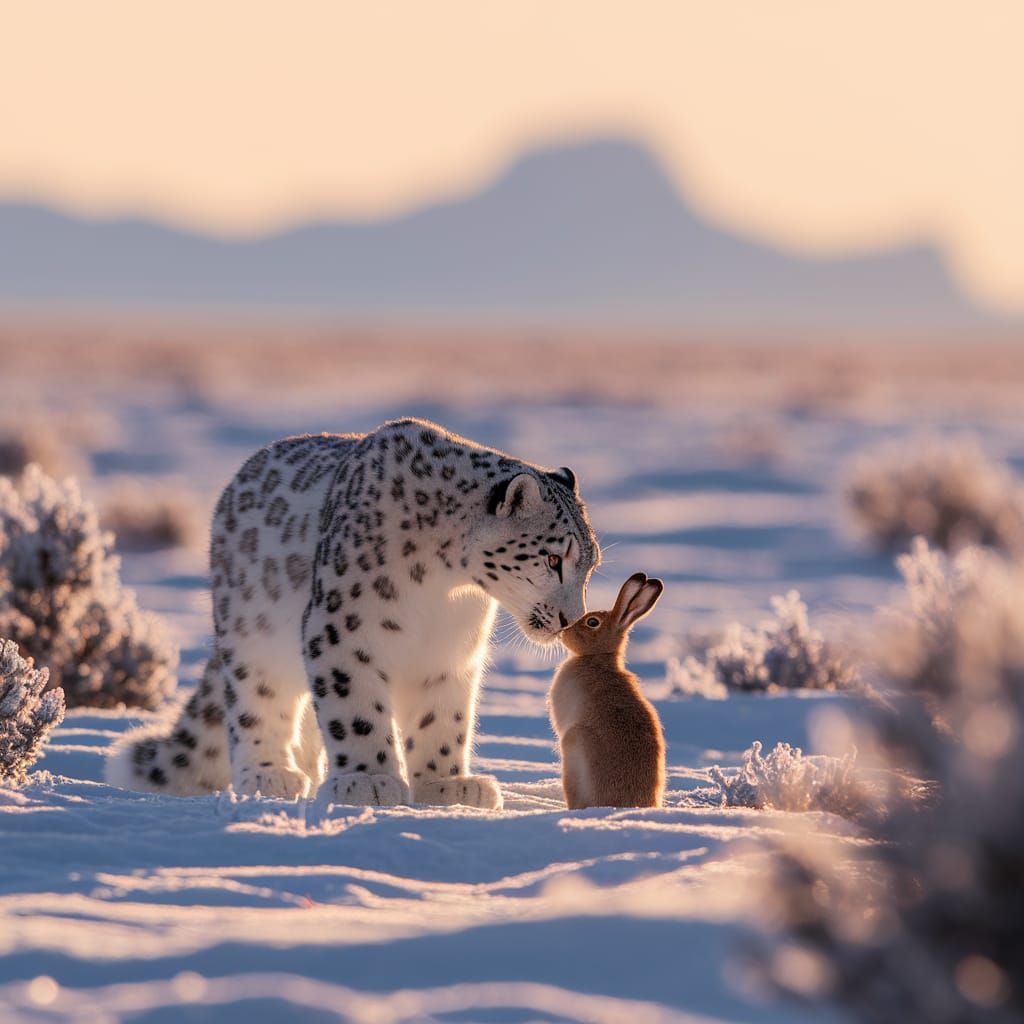 Snow Leopard and Hare Bond in Golden Sunlight