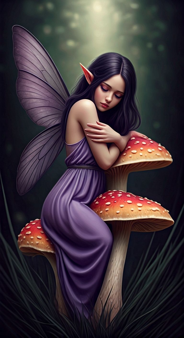 Realistic Fairy Hugging Mushroom in Hyperrealistic Style