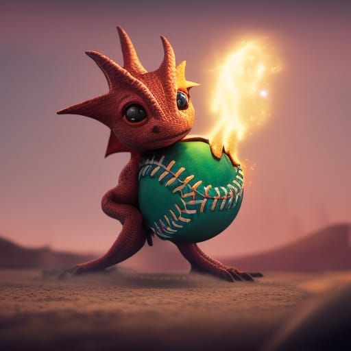 Baby Dragon on Baseball Field: Detailed Matte Painting