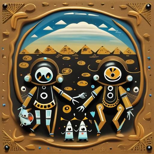 Surreal Warli Painting of Cute Robots