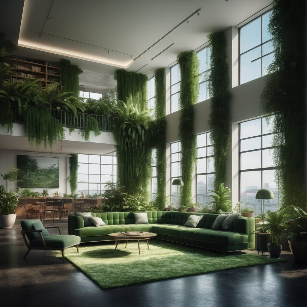 Amazing life sustaining eco-friendly penthouse with plants growing all over the walls& Beautiful windows& Emerald green ...