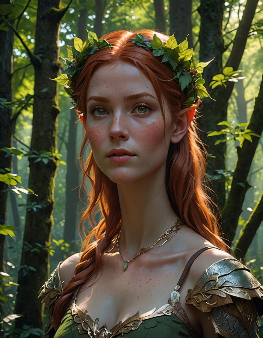 Gorgeous Redhead Elf Portrait in Hyperdetailed Style
