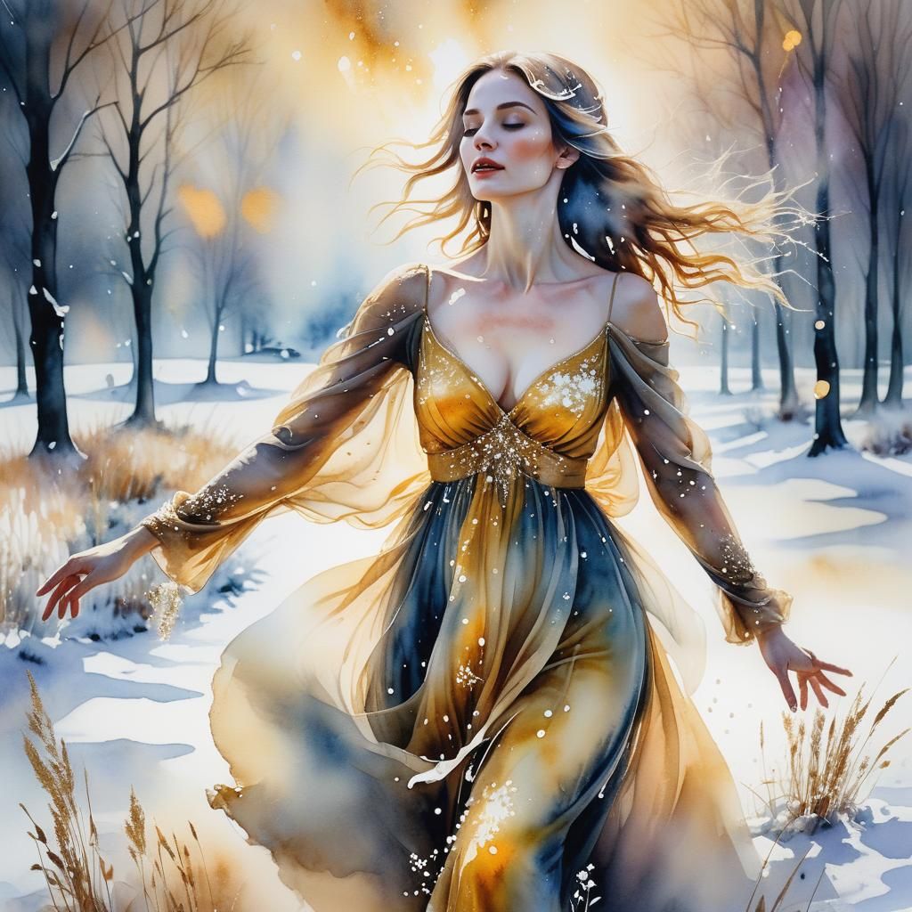 Woman in Snowy Field: Double Exposure Watercolor