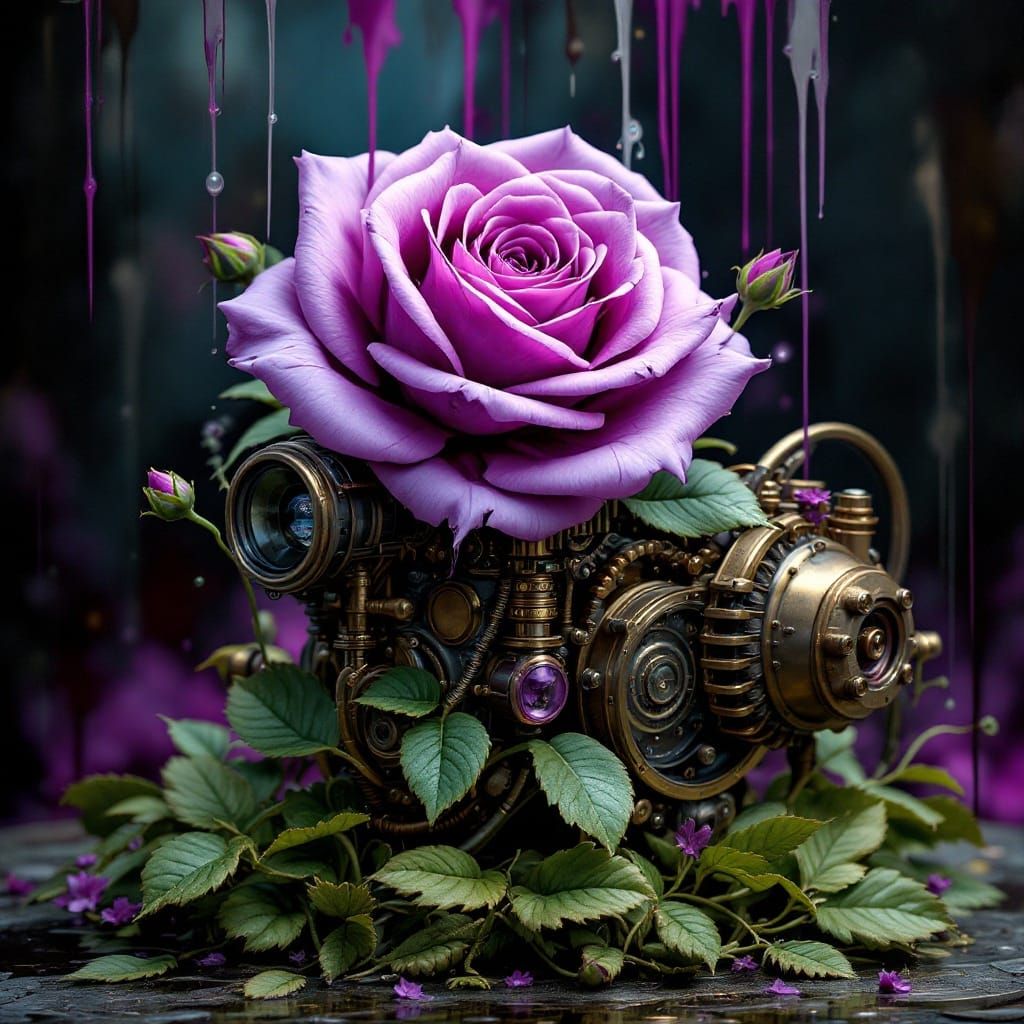 Steampunk Engine Transformed by Vibrant Purple Rose in Full....