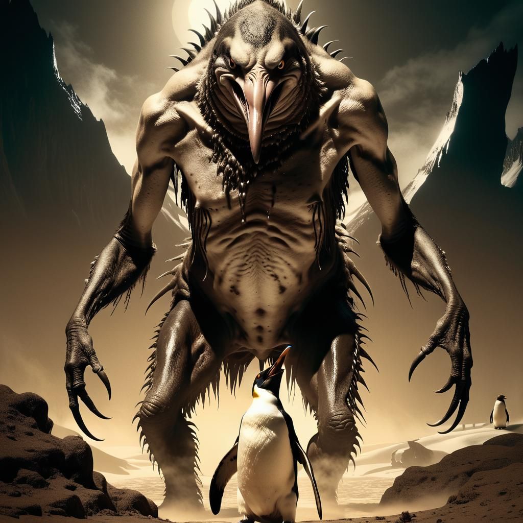 Grotesque Monster and Penguin in Sepia Horror