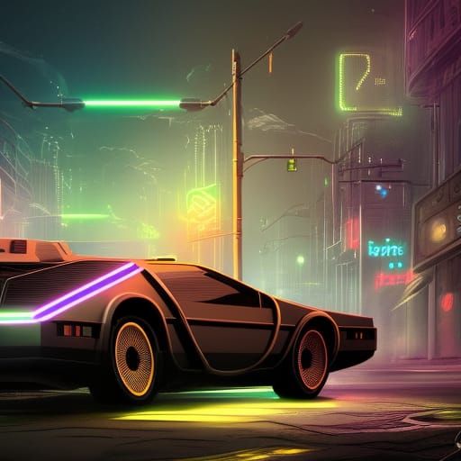 Neon Future Street with Delorean in Detailed Painting