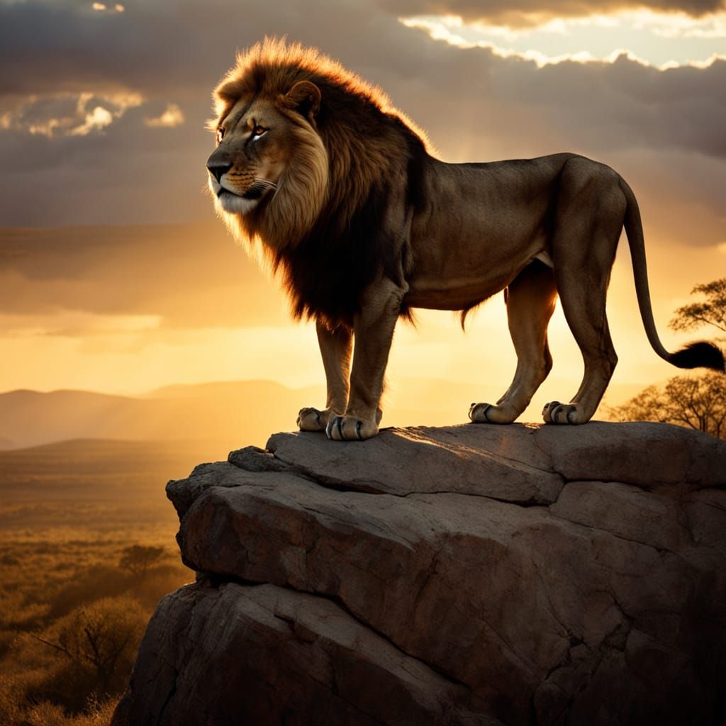 Regal Lion King Surveying the Savannah Kingdom in Golden Lig...