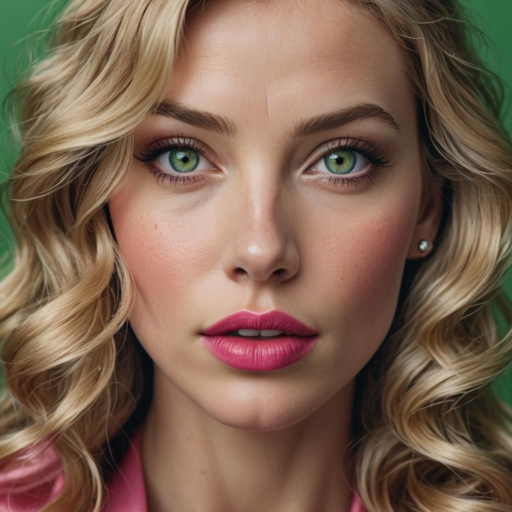 Glamorous Close-Up Portrait with Pink Lips and Green Eyes