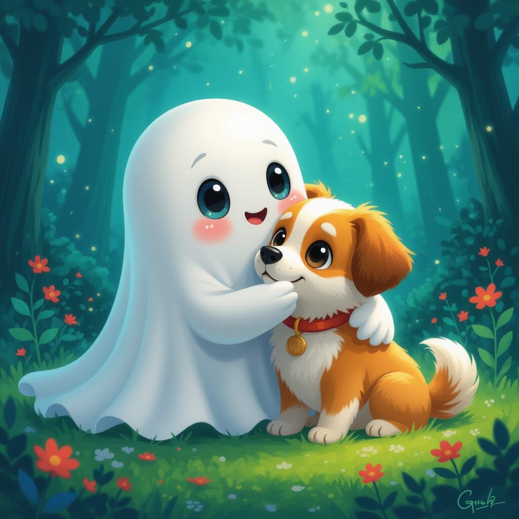 Cute Ghost Cuddling Dog in Storybook Style