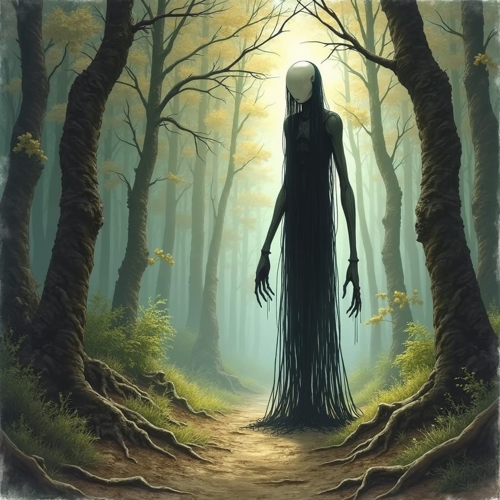 Slender Figure in Woods: Fantasy Illustration