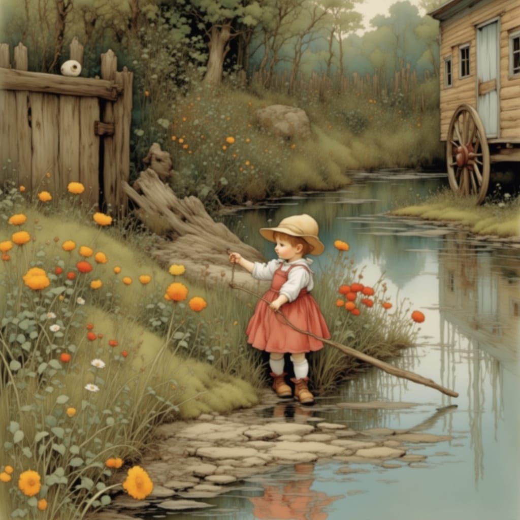 Children's Fantasy Scene with Colorful Gypsy Wagon