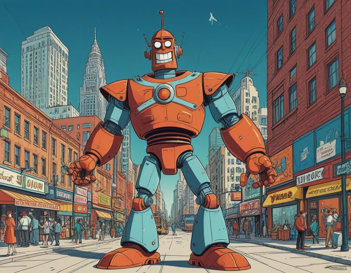 Silly Cartoon Robot in Sci-Fi City Looney Tunes Style