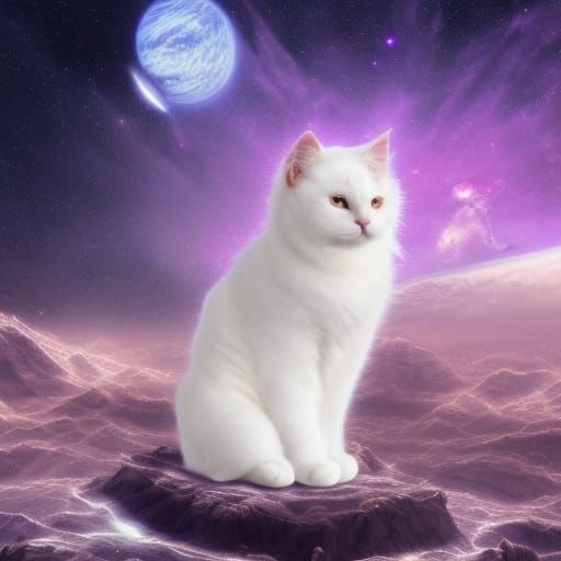 Fluffy Cat Observes Galaxy: Detailed Fantasy Art
