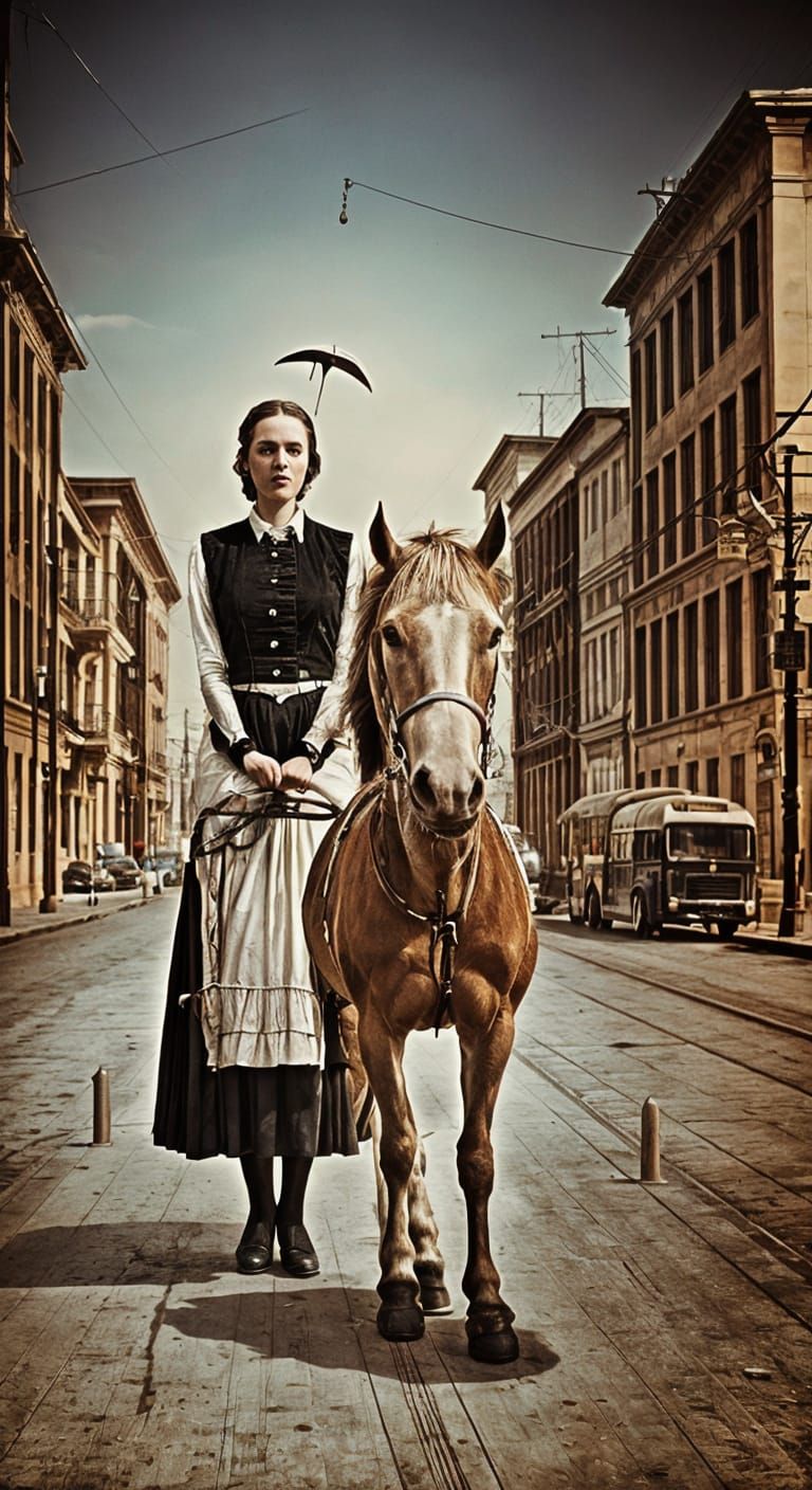 American-Gothic-1940s-woman with horse in a city