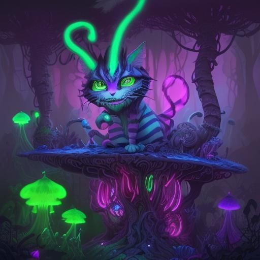 Cheshire Cat Smokes Near Psychedelic Mushrooms