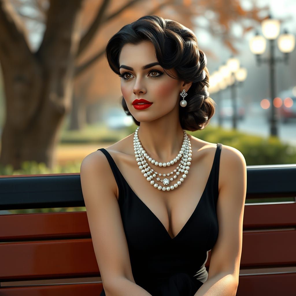 life like gorgeous 1960 American actress similar to Veronica on the show Riverdale sitting on bench, white red diamonds ...