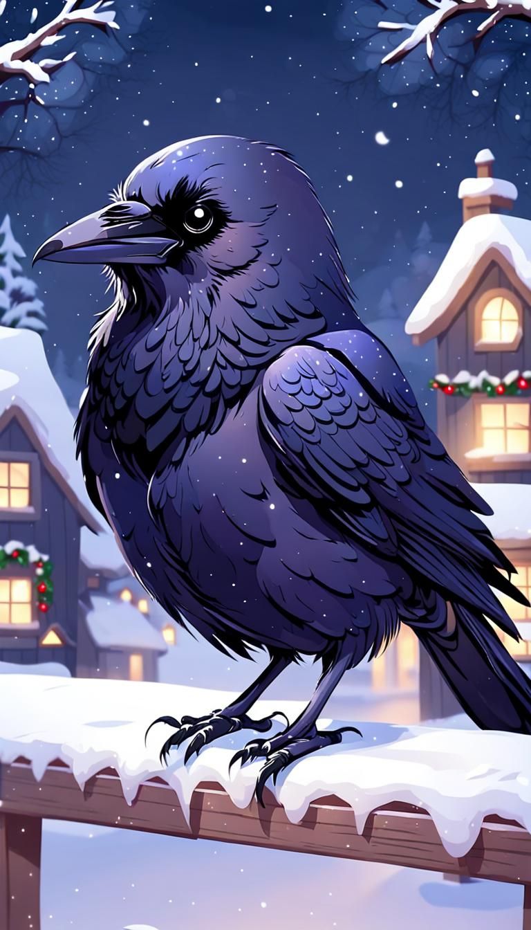 Cute Raven in Snowy Christmas Night Scene