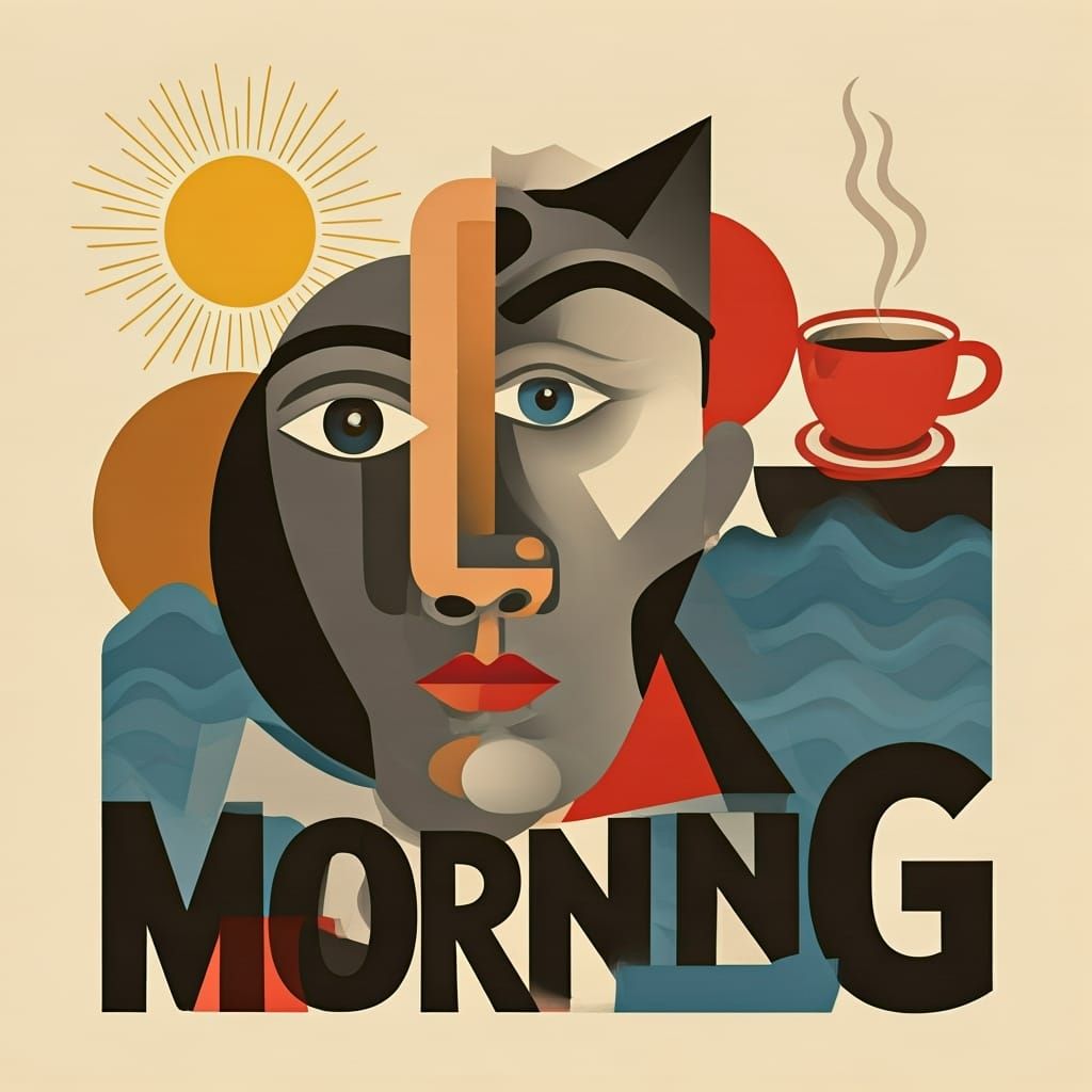 Cubist Illustration with Bold Lettering and Abstract Face