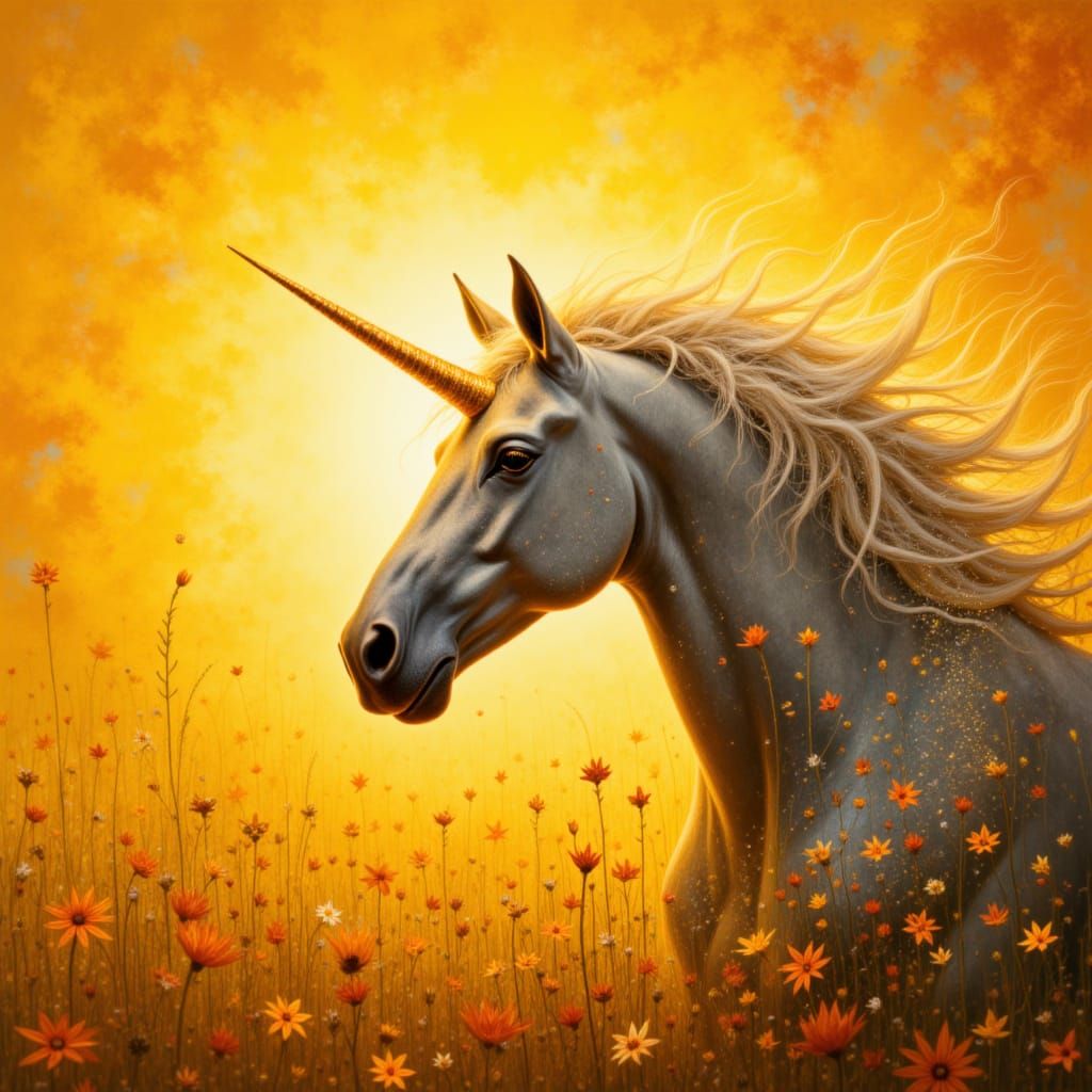 Slate Gray Unicorn with Golden Horn in Radiant Sunlight