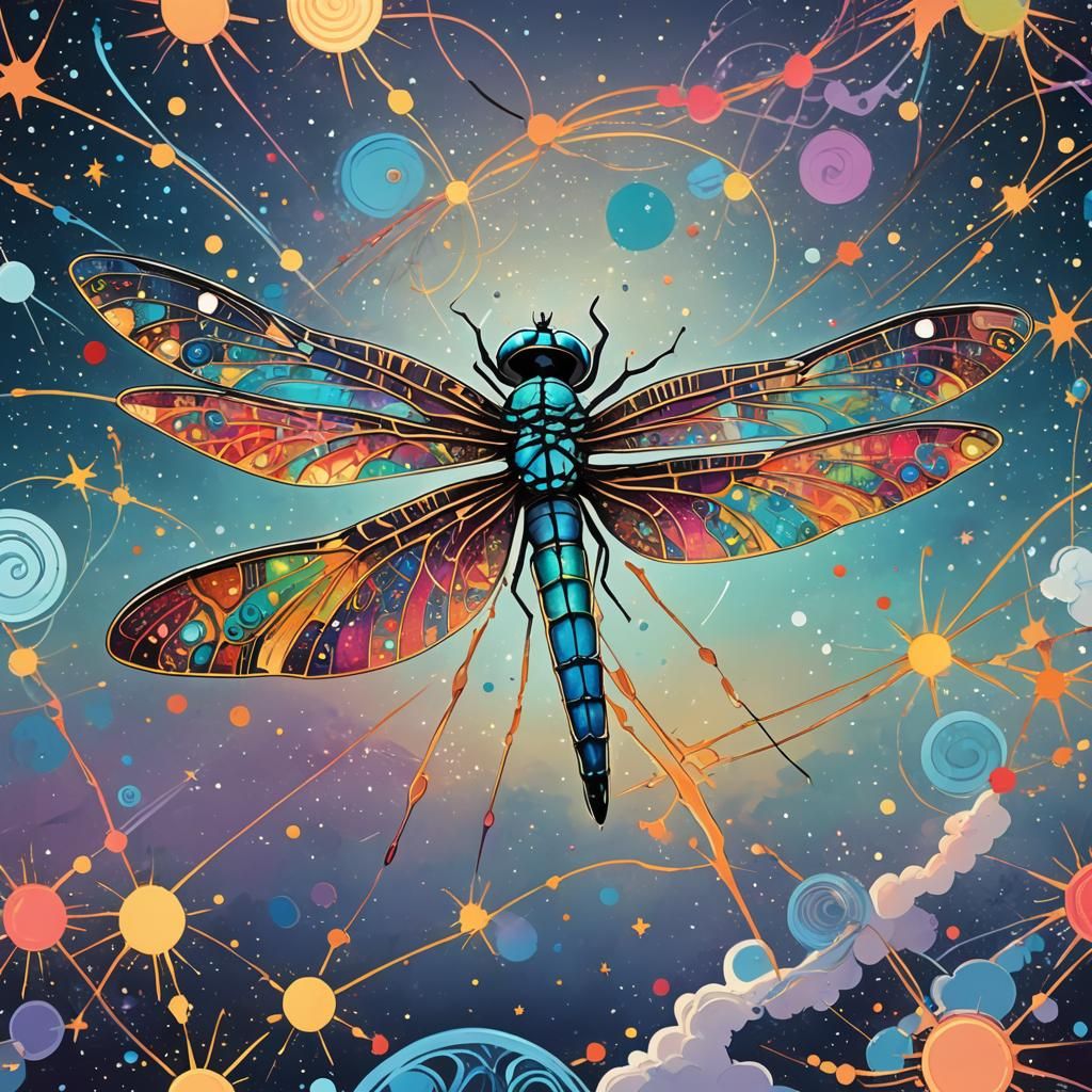 Psychedelic Dragonfly in Dawn Sky: Graffiti Art