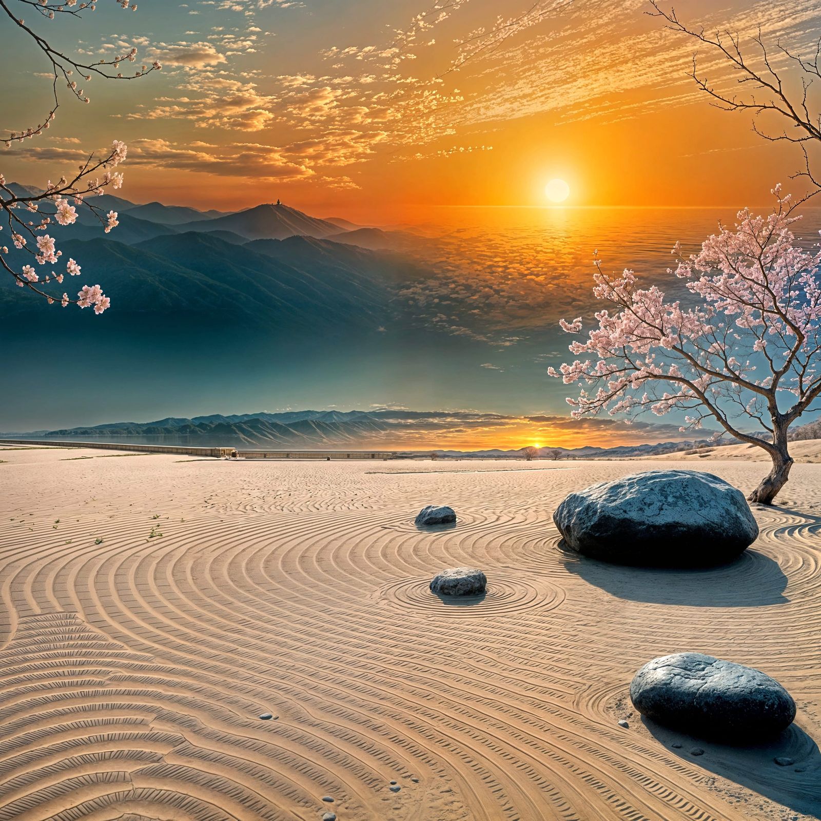 Zen Garden at Sunrise in Japanese Art Style
