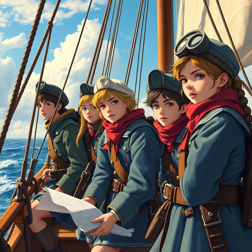 Adventurous Girls Boarding Ship in Romantic Style