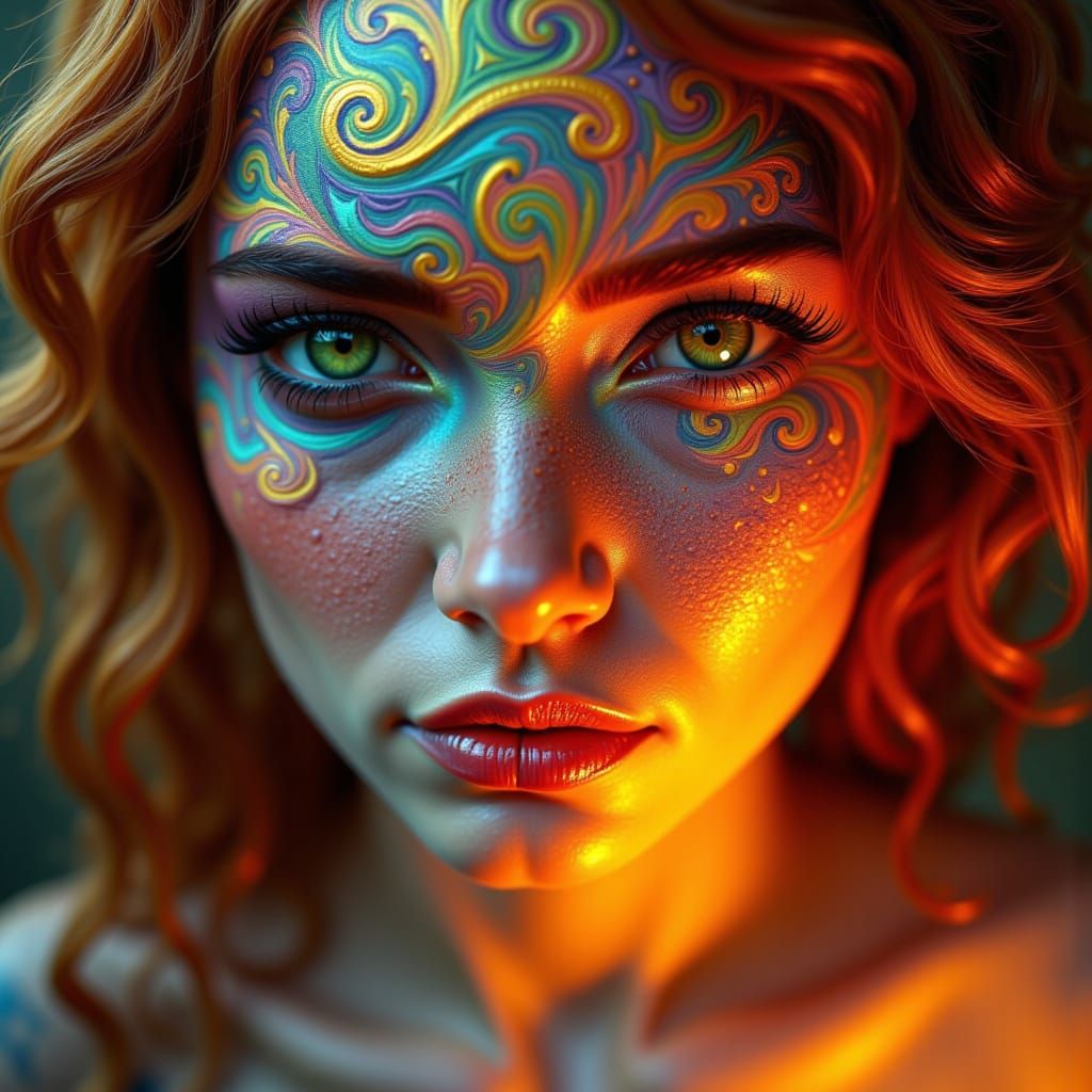 Ethereal Portrait of Woman with Swirly Cosmic Makeup