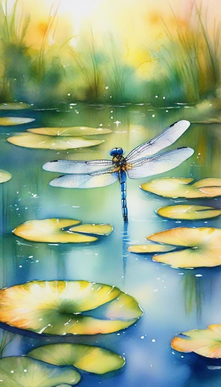 Dragonfly over Pond in Impressionist Watercolor