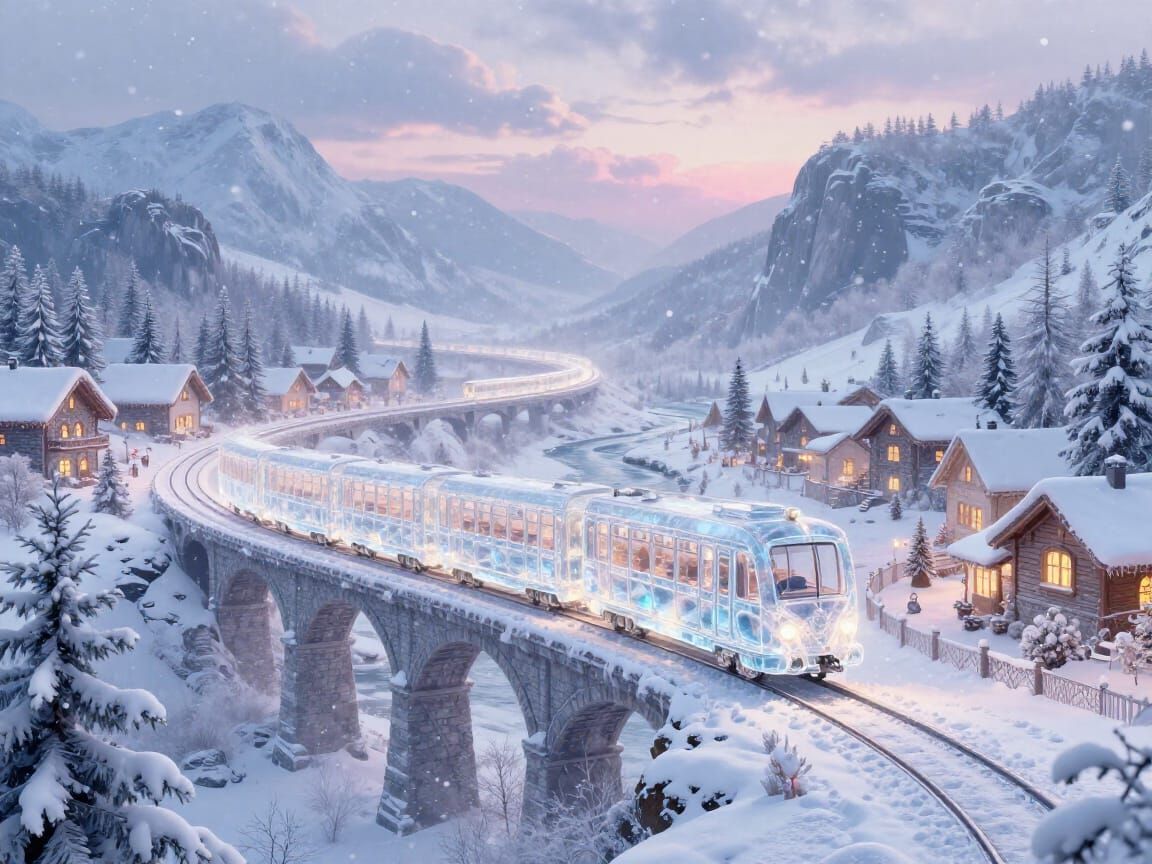 Magical Glass Train in Snowy Mountain Wonderland
