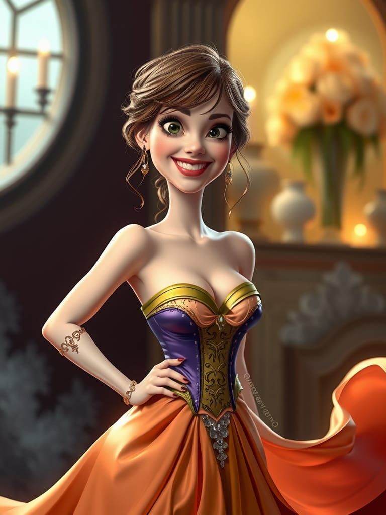 Pixar-Style Caricature of Emma Stone in Strapless Gown