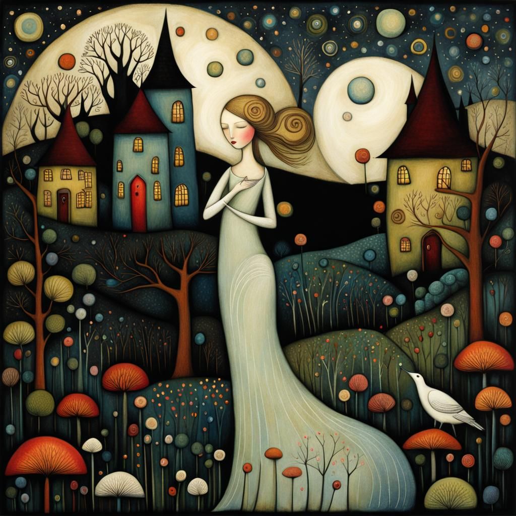 Nocturnal Village in Art Brut Style