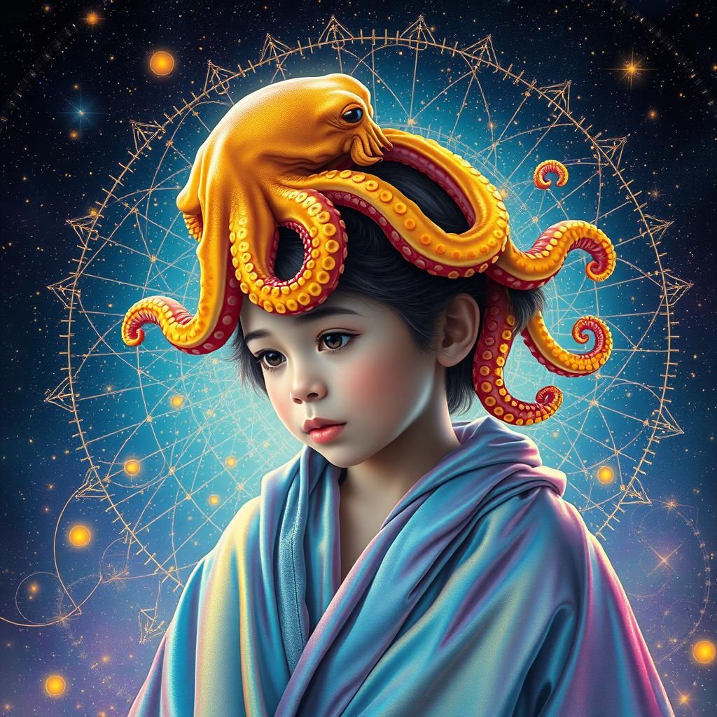 Girl with Octopus in Holographic Astral Scene