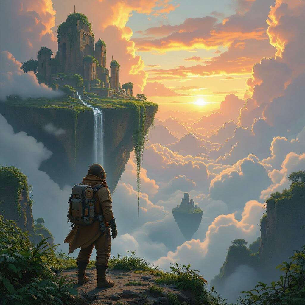 Explorer on Floating Island at Sunset